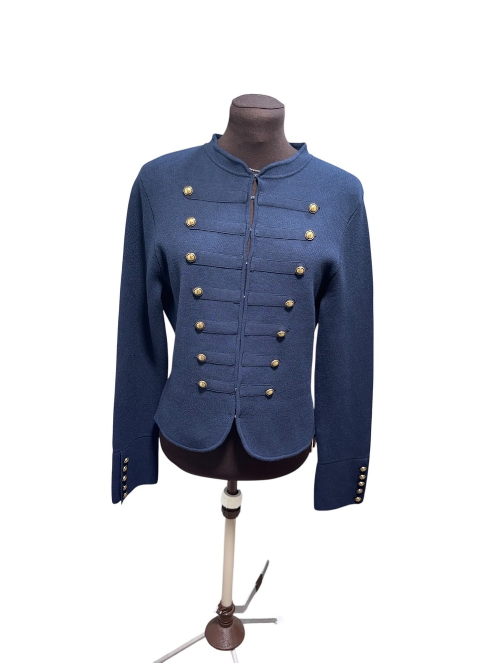 Zara Women Military Jacket Blazer L Navy Blue Gold Buttons Band Style